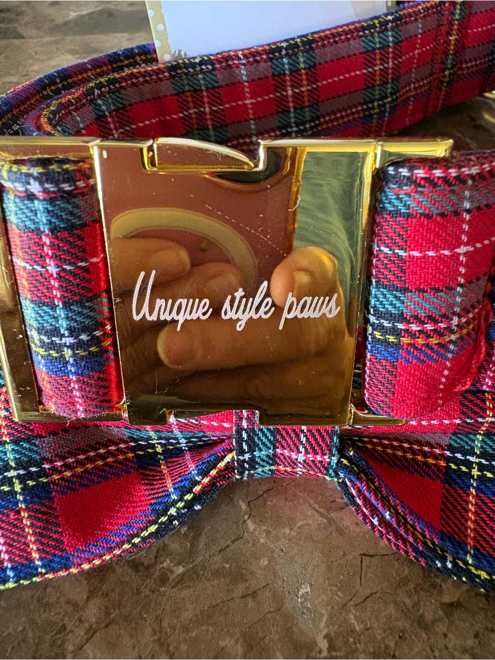 Christmas NWT Dog Collar with Bow Tie Plaid for X-Large Dog with gold hardware. - Picture 3 of 8